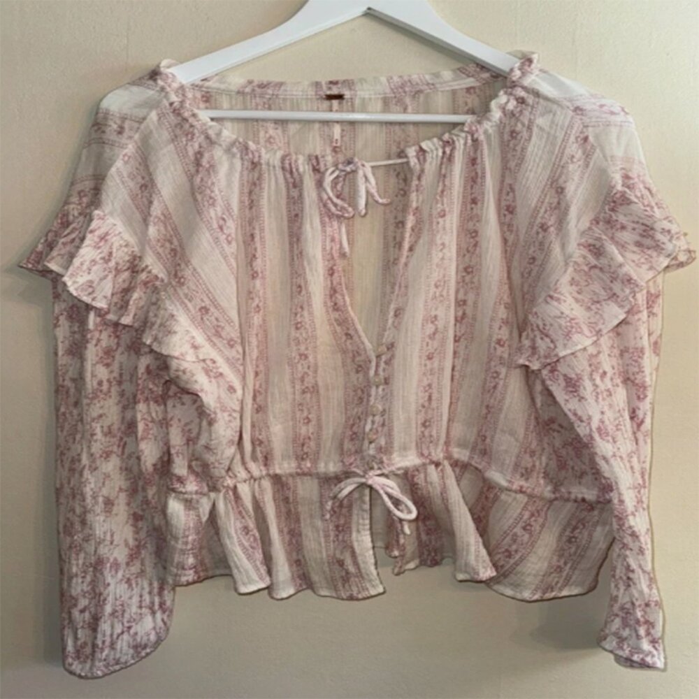 Gorgeous Free People long sleeve boho chic shirt medium pink and white